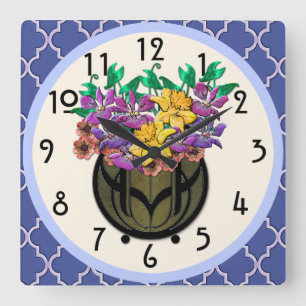 Horloge Carrée Bouquet floral Art Nouveau et carrelage bleu franç