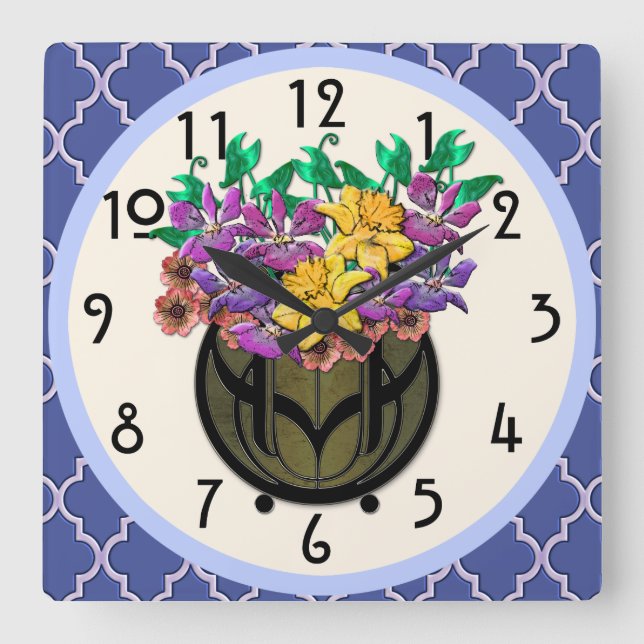 Horloge Carrée Bouquet floral Art Nouveau et carrelage bleu franç (Recto)