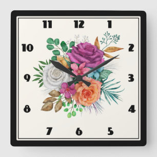 Horloge Carrée Bouquet floral rose, orange et blanc