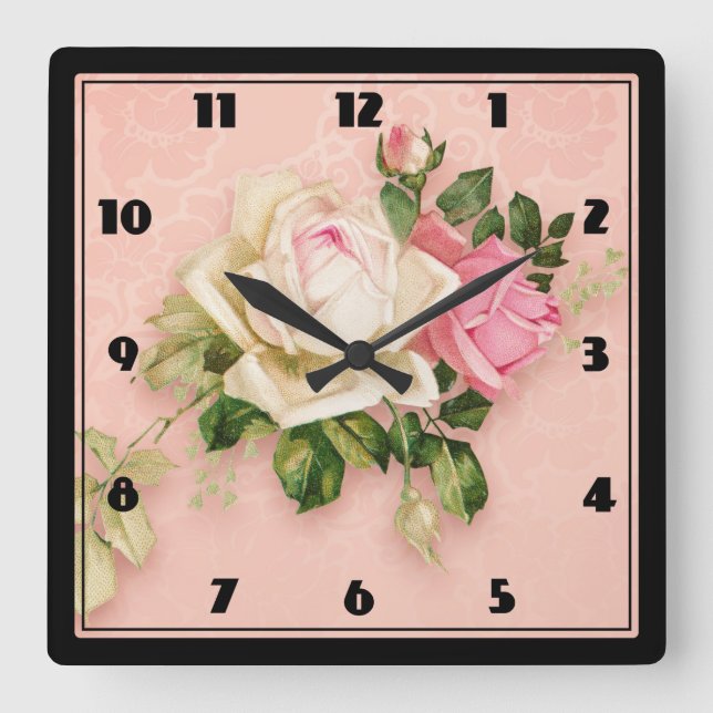 Horloge Carrée Bouquet rose et rose blanche (Recto)