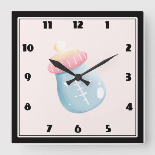 Horloge Carrée Bouteille Bleu & Rose Bébé mignonne 