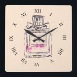 Horloge Carrée Bouteille de parfum illustration mode pop art<br><div class="desc">Une illustration élégante de mode d'une horloge à partir d'une œuvre originale de l'artiste Sacha Grossel d'une bouteille de parfum vintage rose. Cette illustration aquarelle d'un parfum de marque de luxe est dans le style pop art et la couleur de fond est personnalisable.</div>
