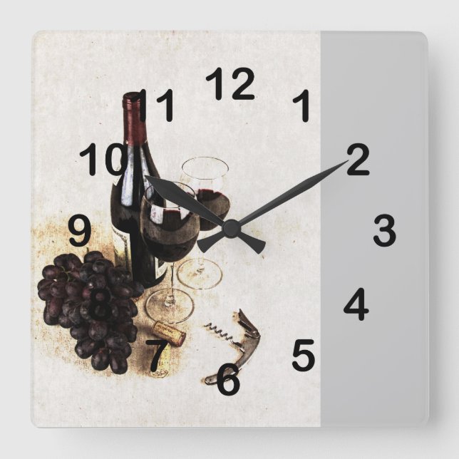 Horloge Carrée Bouteille de vin et verres de vin avec des raisins (Recto)