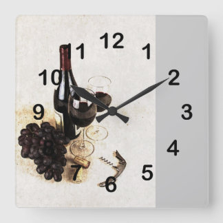 Horloge Carrée Bouteille de vin et verres de vin avec des raisins