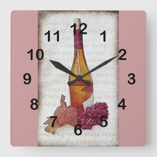 Horloge Carrée bouteille de vin, raisins et feuille de raisin (Recto)