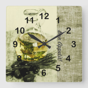 Horloge Carrée Bouteille d'huile d'olive cuisine vie morte