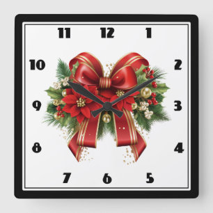Horloge Carrée Bow de Noël Festif Rouge et Or