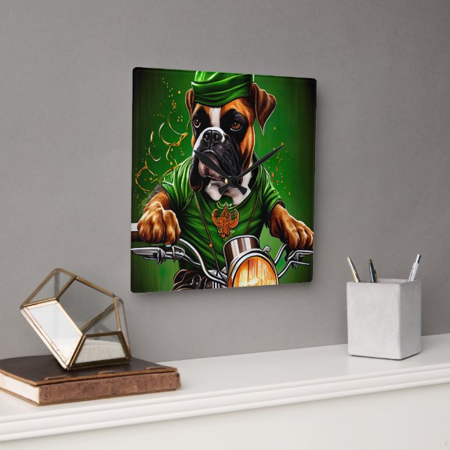 Horloge Carrée Boxer Chien Conduite Vélo St. Patrick's Day (Bureau)