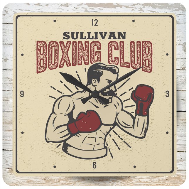 Horloge Carrée Boxer Retro Prizefighter Boxer Club personnalisé (Créateur téléchargé)