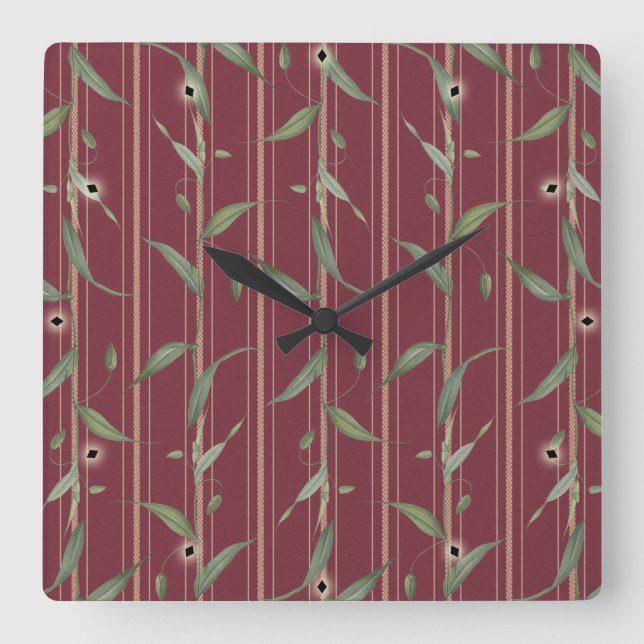 Horloge Carrée Branch of leaves on red wallpaper (Recto)