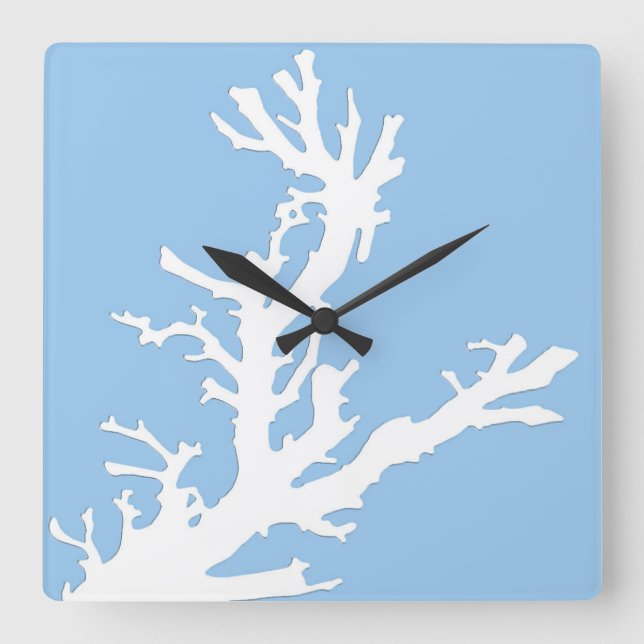 Horloge Carrée Branche de corail - blanc sur bleu pâle (Recto)