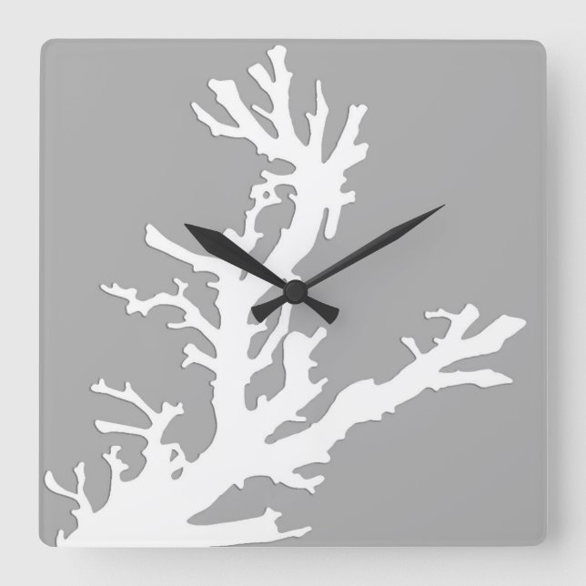 Horloge Carrée Branche de corail - blanc sur gris argenté (Recto)