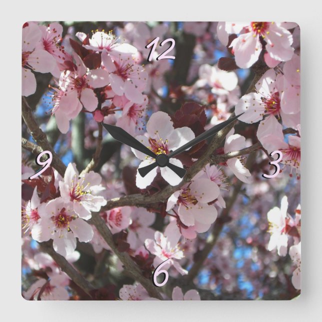 Horloge Carrée Branche de fleurs roses Printemps Floral (Recto)