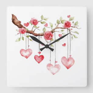 Horloge Carrée Branche de roses roses à l'aquarelle avec coeurs s