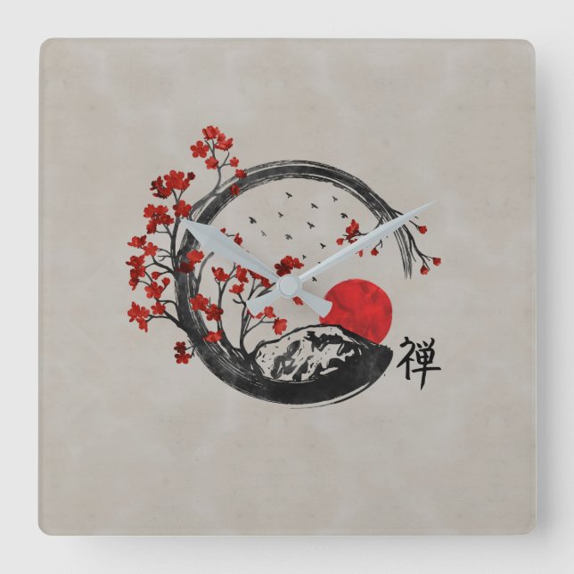 Horloge Carrée Branches Zen Enso Circle et Sakura (Recto)