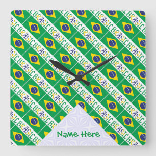 Horloge Carrée Brasil et drapeau brésilien carrelés avec votre no