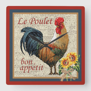 Horloge Carrée Brick Rouge Français Country Cuisine-Rooster