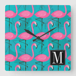 Horloge Carrée Bright Flamingo Patch   Ajouter votre initiale