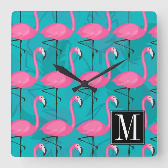 Horloge Carrée Bright Flamingo Patch | Ajouter votre initiale (Recto)