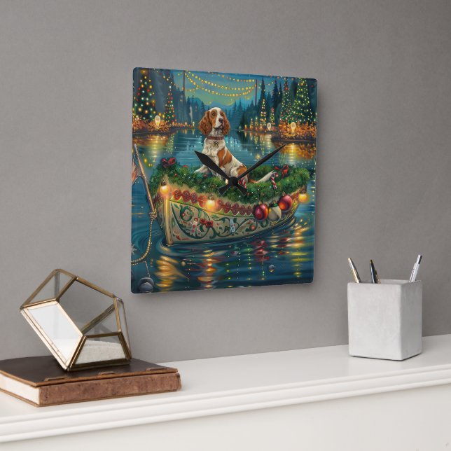 Horloge Carrée Brittany Spaniel Noël Festive Voyage (Bureau)