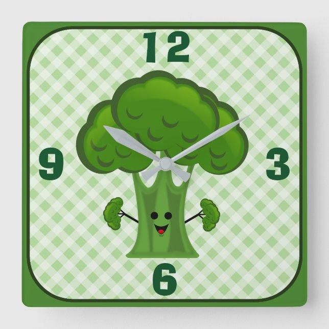 Horloge Carrée Brocoli vert heureux (Recto)