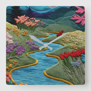 Horloge Carrée Broderie d'art murale de la vallée de la rivière c