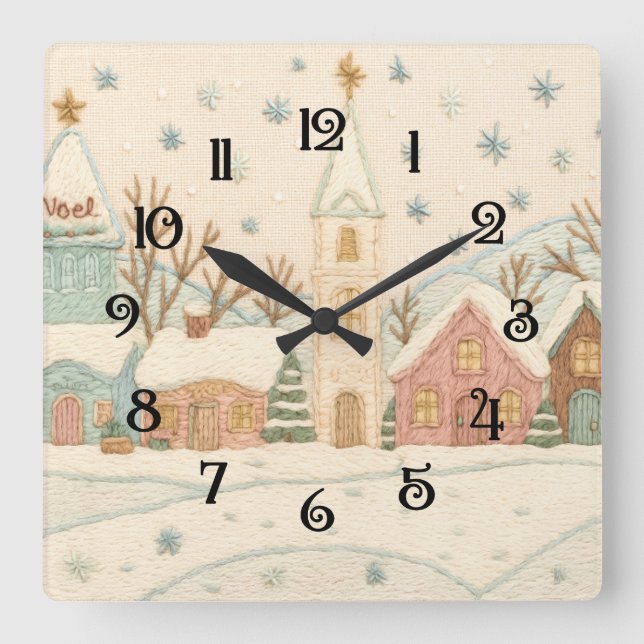 Horloge Carrée Broderie Noël Snowy Village scène (Recto)