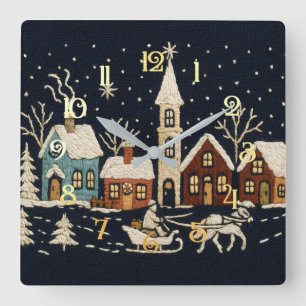 Horloge Carrée Broderie Noël Snowy Village Scène Bleu