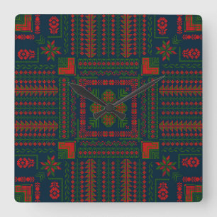 Horloge Carrée Broderie palestinienne Tatreez rouge vert 5 Motif