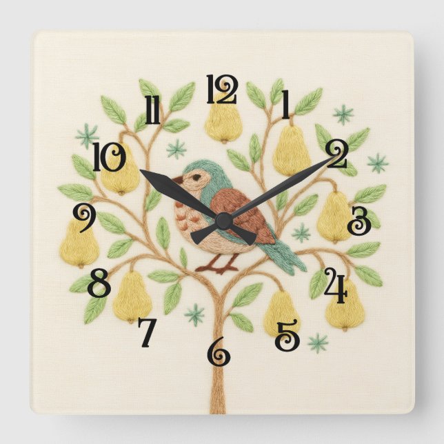 Horloge Carrée Broderie Perdrix de Noël dans un arbre à poires (Recto)