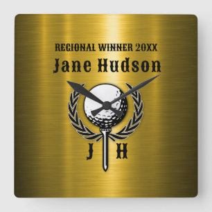 Horloge Carrée Brossé Gold Custom Golf Monogramme Conception