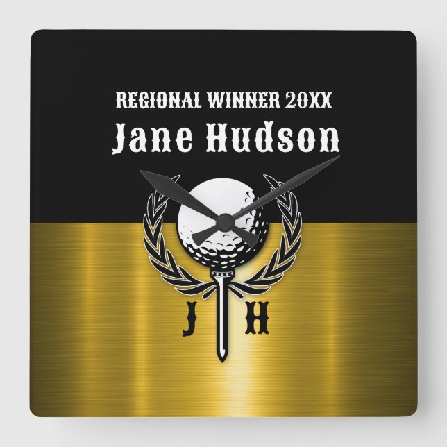 Horloge Carrée Brossé Gold Custom Golf Monogramme Conception (Recto)