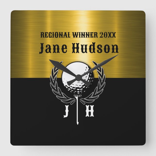 Horloge Carrée Brossé Gold Custom Golf Monogramme Conception (Recto)