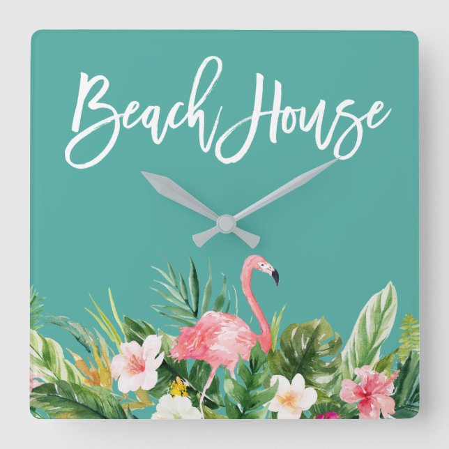 Horloge Carrée Brosse moderne Script Tropical Floral Beach House (Recto)