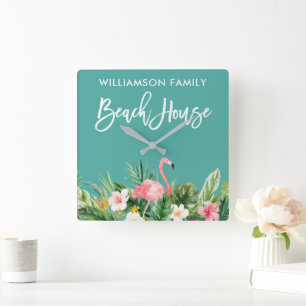 Horloge Carrée Brosse Script Tropical Floral Family Beach House