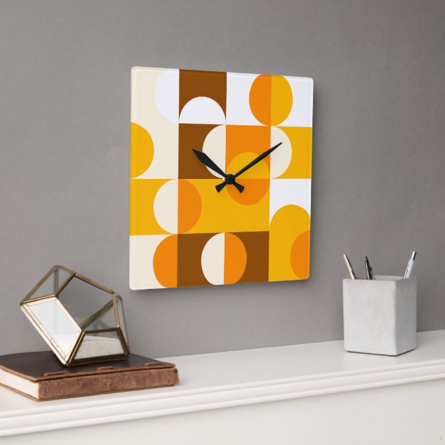 Horloge Carrée Brown blanc orange jaune demi-cercles Motif (Bureau)