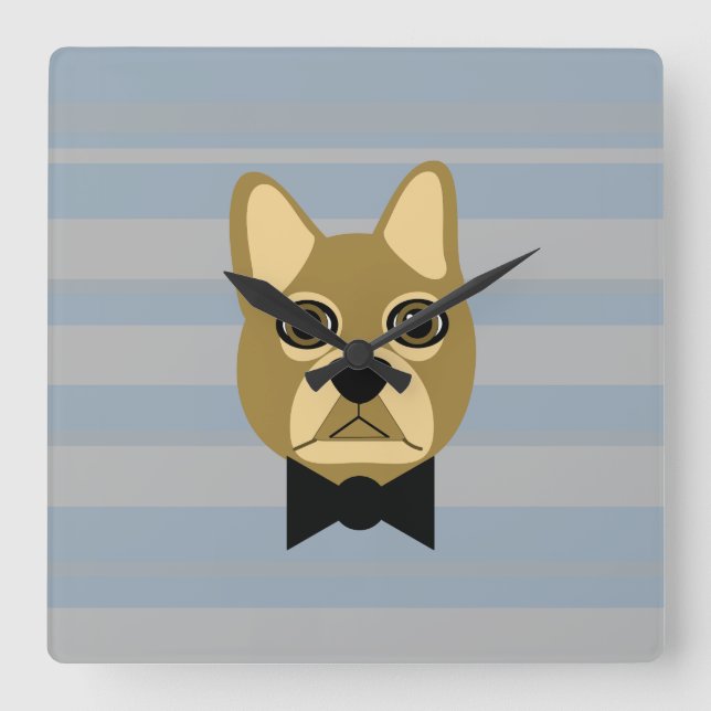 Horloge Carrée Brown Frenchie Bulldog, Stripes (Recto)