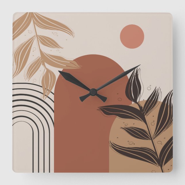 Horloge Carrée Brown Modern Boho Abstract Botanical Square Clock (Recto)