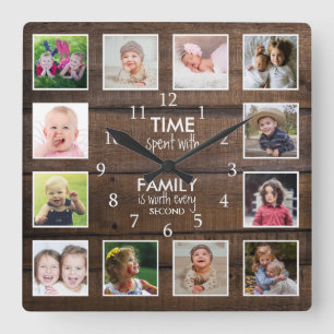Horloge Carrée Brown Wood 12 Modèle photo Temps Famille Citation