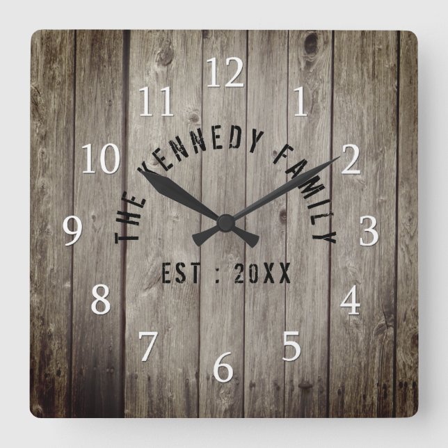 Horloge Carrée Brown Wood Farmhouse Nom de famille (Recto)