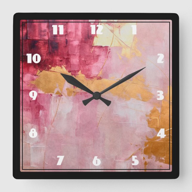 Horloge Carrée Brush artistique touche or et rose (Recto)