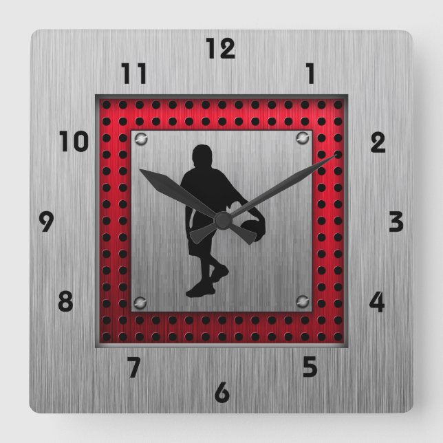 Horloge Carrée Brushed metal look, basket-ball; red (Recto)
