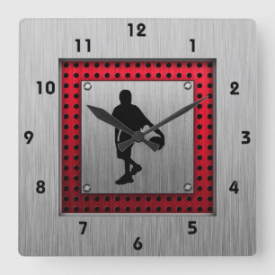 Horloge Carrée Brushed metal look, basket-ball; red