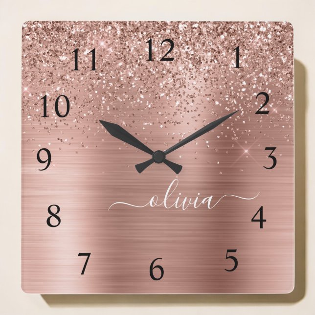 Horloge Carrée Brushed metal rose Gold Pink Glitter Monogram (Créateur téléchargé)