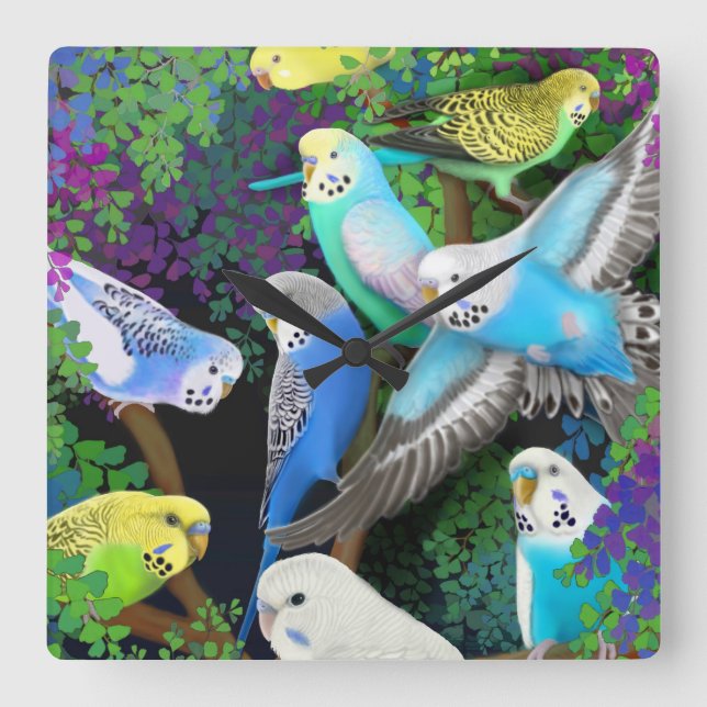 Horloge Carrée Budgerigars à Ferns Wall Clock (Recto)
