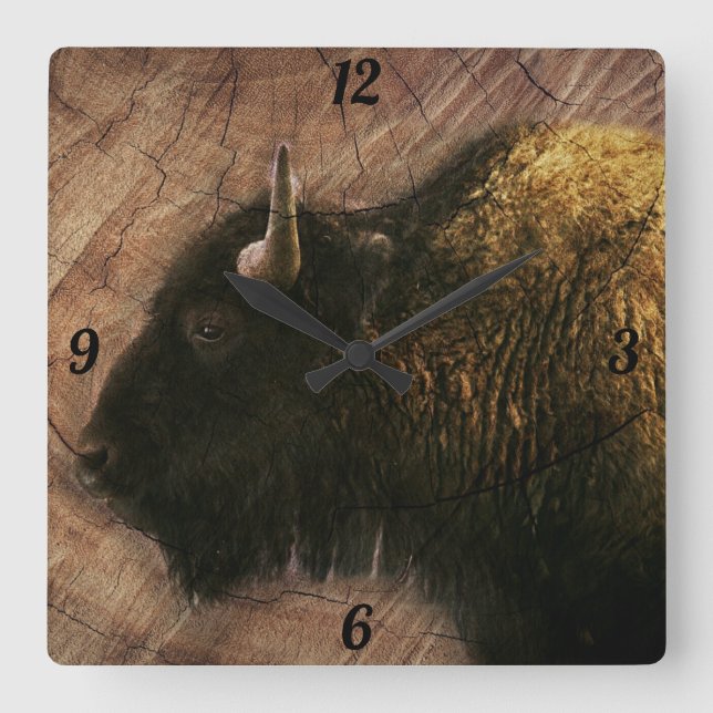 Horloge Carrée Buffalo de bison de bois (Recto)