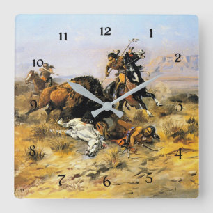 Horloge Carrée “Buffalo Hunt” Cowboy Art by Charles Russell