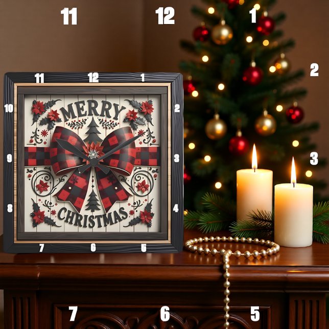 Horloge Carrée Buffalo Plaid Bow Merry Christmas (Créateur téléchargé)