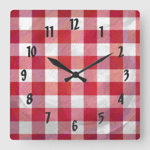 Horloge Carrée Buffalo plaid rouge et blanc