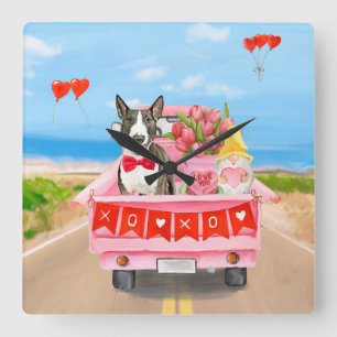 Horloge Carrée Bull Terrier Chien Saint-Valentin Coeurs de camion